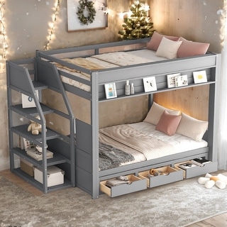 Wood Convertible Full Size Bunk Bed with Storage & Bedside Table
