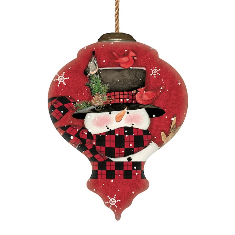 Plaid Snowman and Cardinals Hand Painted Mouth Blown Glass Ornament - 3.75" x 2.75" x 2.75"