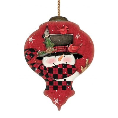 Plaid Snowman and Cardinals Hand Painted Mouth Blown Glass Ornament - 3.75" x 2.75" x 2.75"