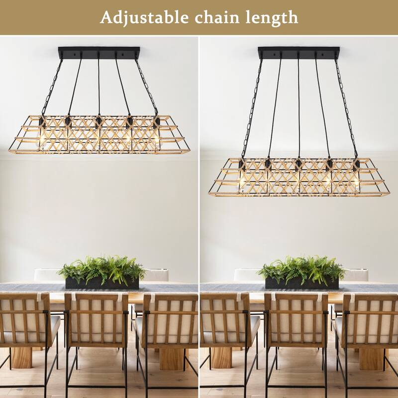 5-Light 39.4 in. Hemp Rope Trapezoid Chandelier for Living Room