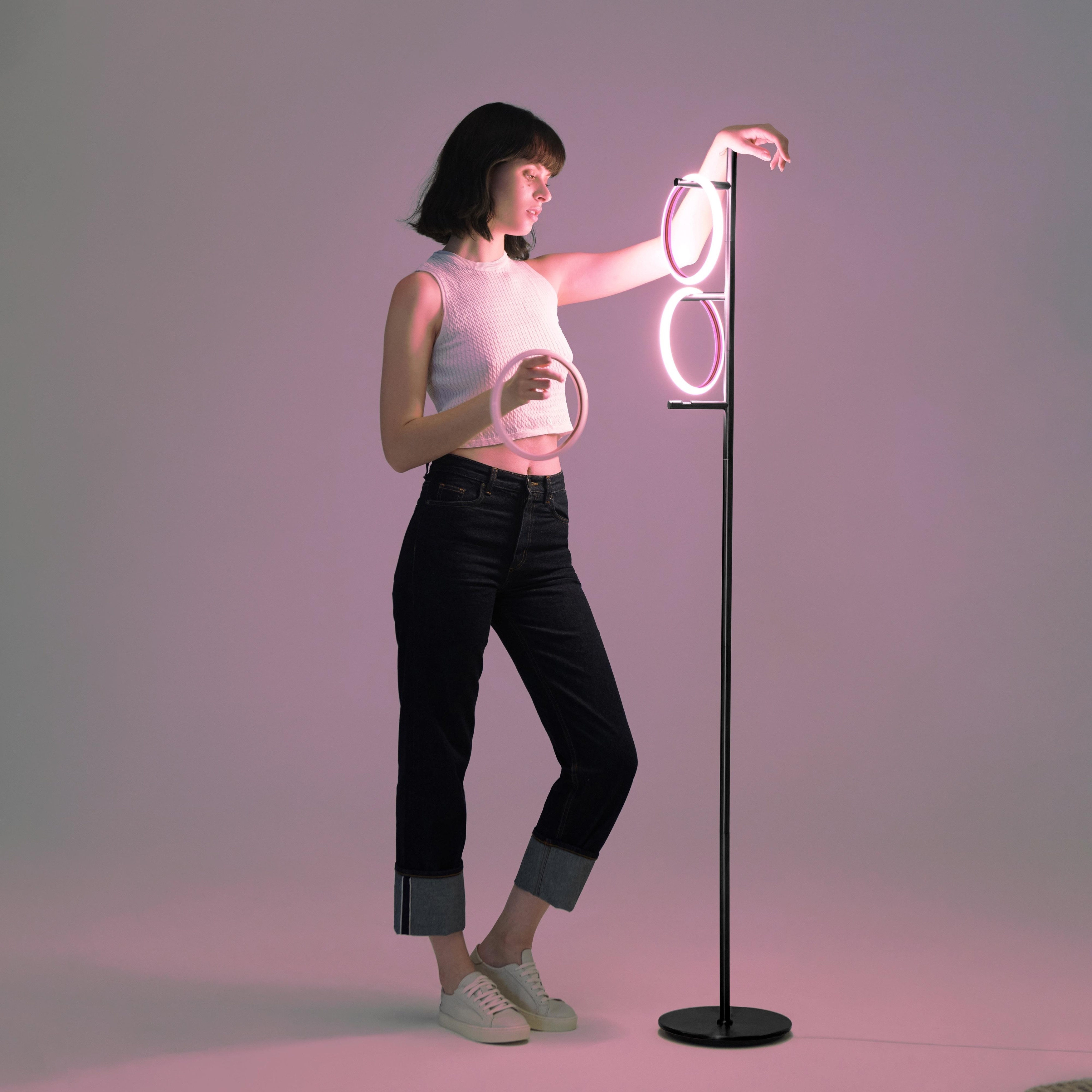 Brightech Saturn 66 in. Classic Black Industrial 3-Light Color Changing LED Floor Lamp with 3 Replaceable LED Rings