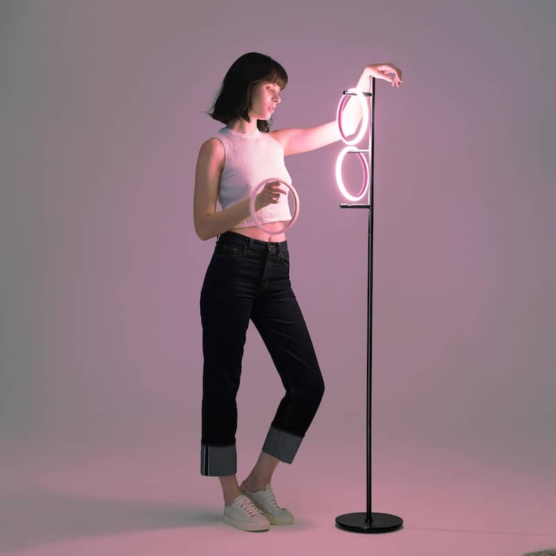 Brightech Saturn 66 in. Classic Black Industrial 3-Light Color Changing LED Floor Lamp with 3 Replaceable LED Rings