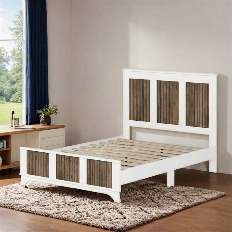 Farmhouse Wooden Platform Full Size Bed,with Wooden Strip Decoration - White