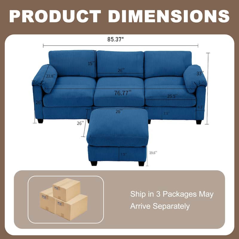 Corduroy Sectional Sofa with a Removable Ottoman, L-shaped Reversible 4-seat Modular Couch