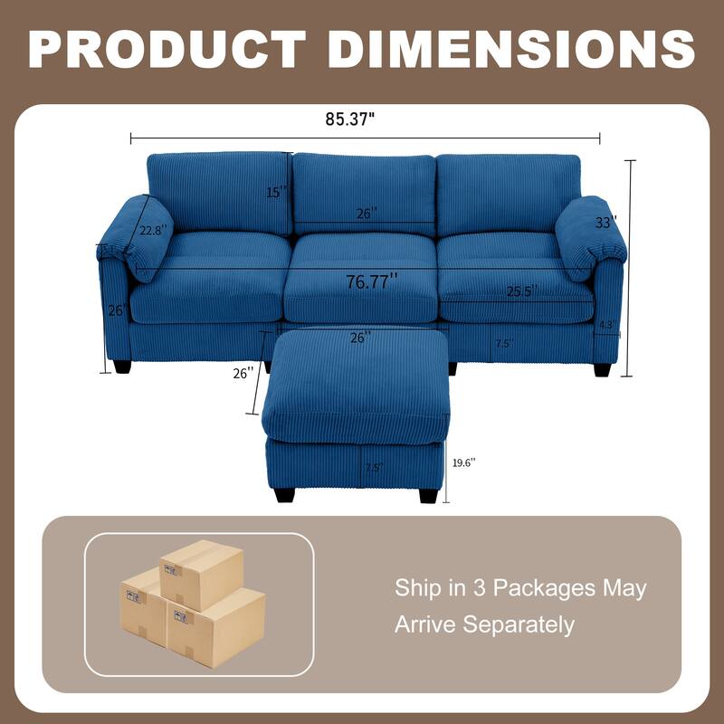 Multi-Seater Corduroy Sectional Sofa, Modular Settee, Included Removable Ottomans