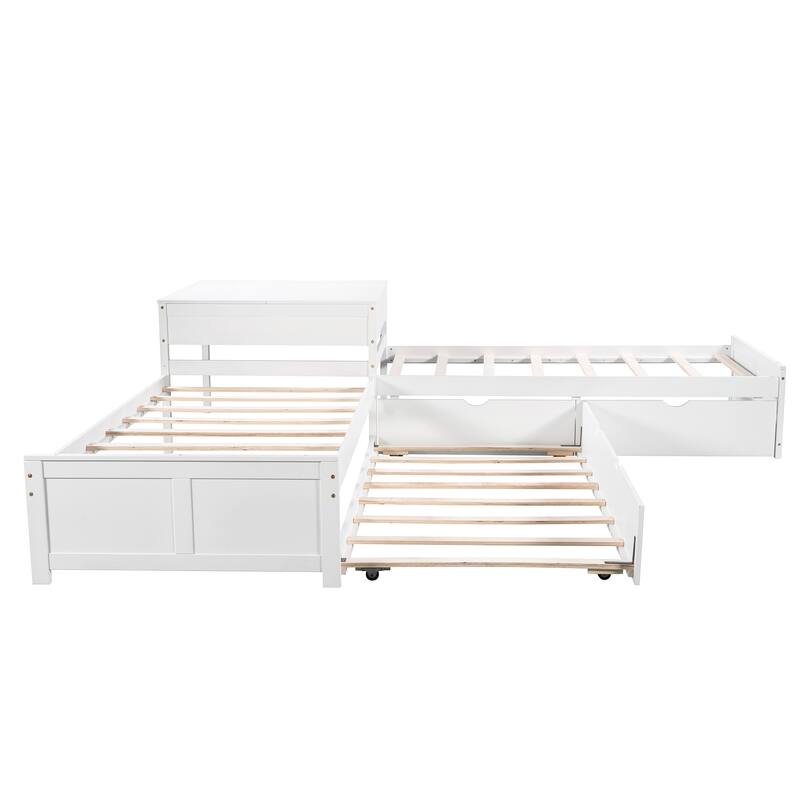 Double Twin Pine L-shaped Platform Bed with Convertible Trundle, Drawers, Built-in Desk