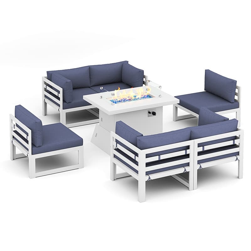 FINCATI Outdoor Furniture Aluminum Patio Set White Aluminum Outdoor Sofa with Thick Cushions and 29 Inch Deep Seat - 7 Pcs-B - Demin Blue