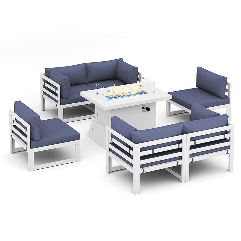 FINCATI Modern 7 Piece White Aluminum Outdoor Furniture Set with Propane/Natural Gas Firepit Table