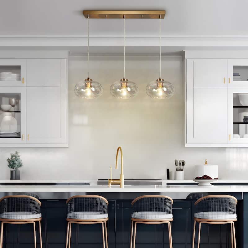 Modern 3-Light Gold Linear Chandelier Colored Ripple Glass Island Pendant Lights - W31.5" x H66" Max