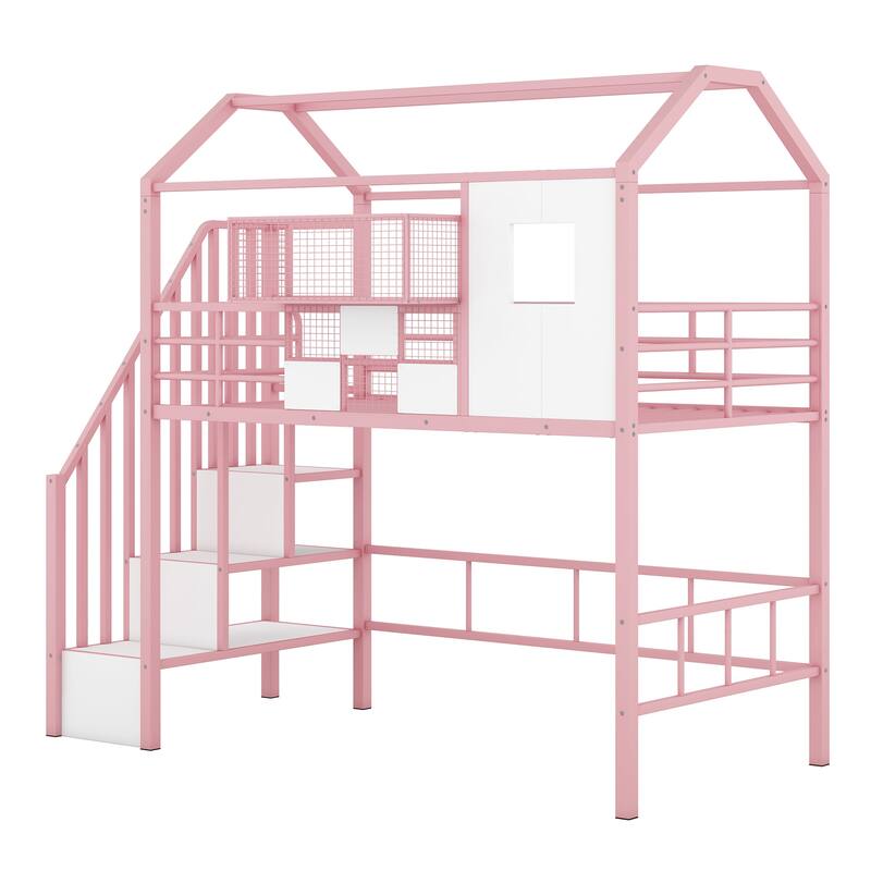 Metal Loft Bed for Kids with Roof Design, Storage Box, and Guardrails - Twin Size, Perfect for Small Spaces