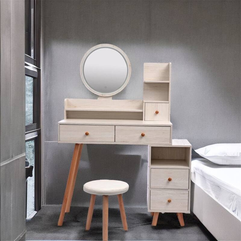 Length Adjustable Vanity Table Set w/ Touch LED Mirror and 5 Drawers - White Oak