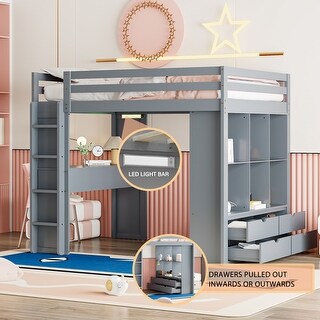 Full Size Loft Bed with Multi-Storage Desk, LED Light & Large Shelves, Solid Wood High Loftbed Frame with Safety Guard Rails