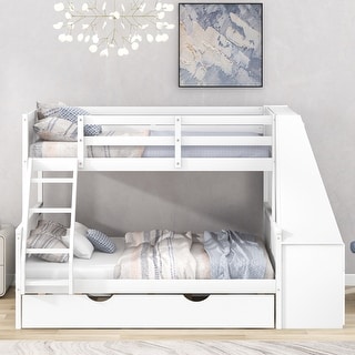 Twin over Full Bunk Bed with Trundle Bed and Built-In Desk, Wood Frame Guardrail Bed with Three Storage Drawers & Shelf