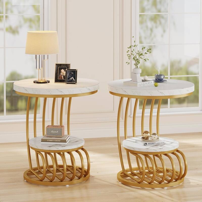 2 Tiers Faux Marble Side Table with Storage Shelf