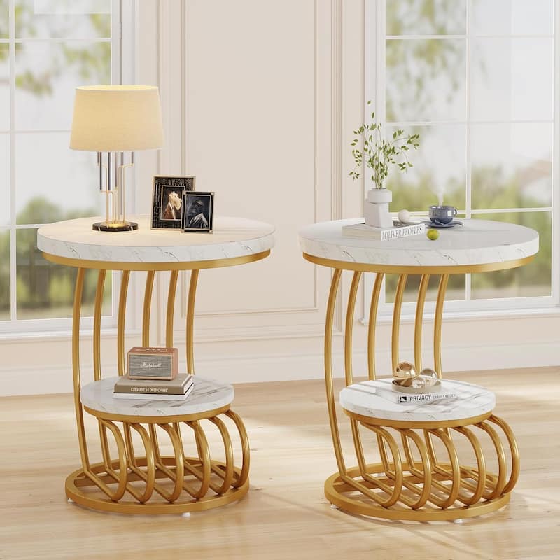 2 Tiers Round End Table with Storage Shelf - 2PCS - White & Gold
