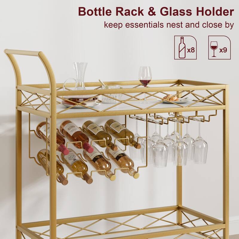 Gold Bar Cart, 2 Tier Bar Cart with Wheels for Home