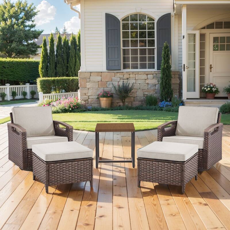 Pocassy Outdoor Brown Wicker Funitre with Cushion Set - Beige Cushion - 2 Club Chairs with 2 Ottoman Set