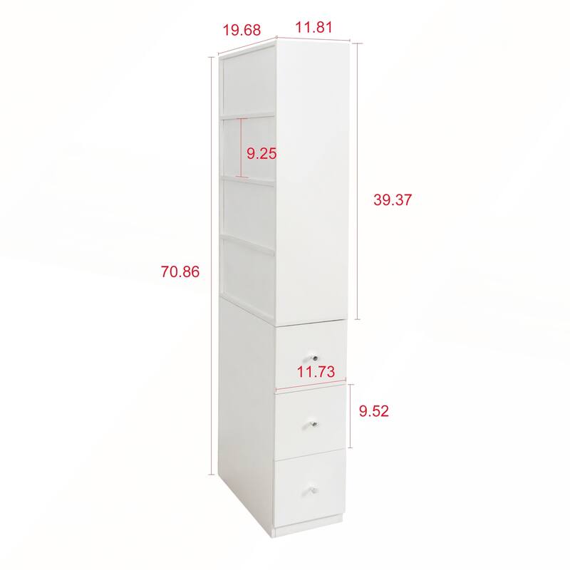 Modern Wooden Tall Display Storage Cabinet with 4-Tier Shelves and 3 Side Drawers for Living Room and Home Office