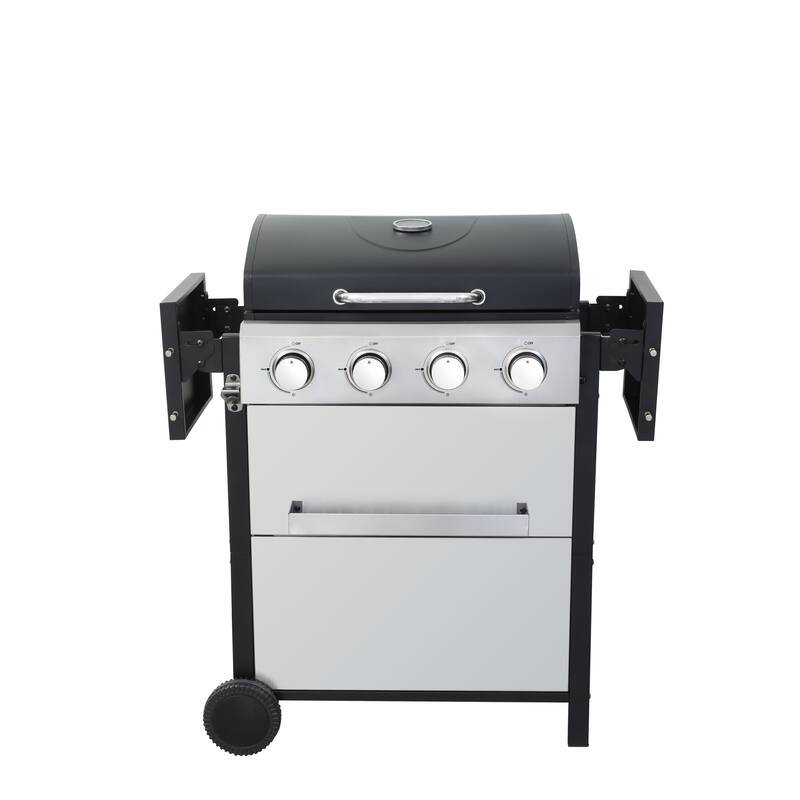 4-Burner Propane Gas BBQ Grill with Wire Enamel Cooking Grids and Foldable Side Table, Hanging Basket, Stainless Steel