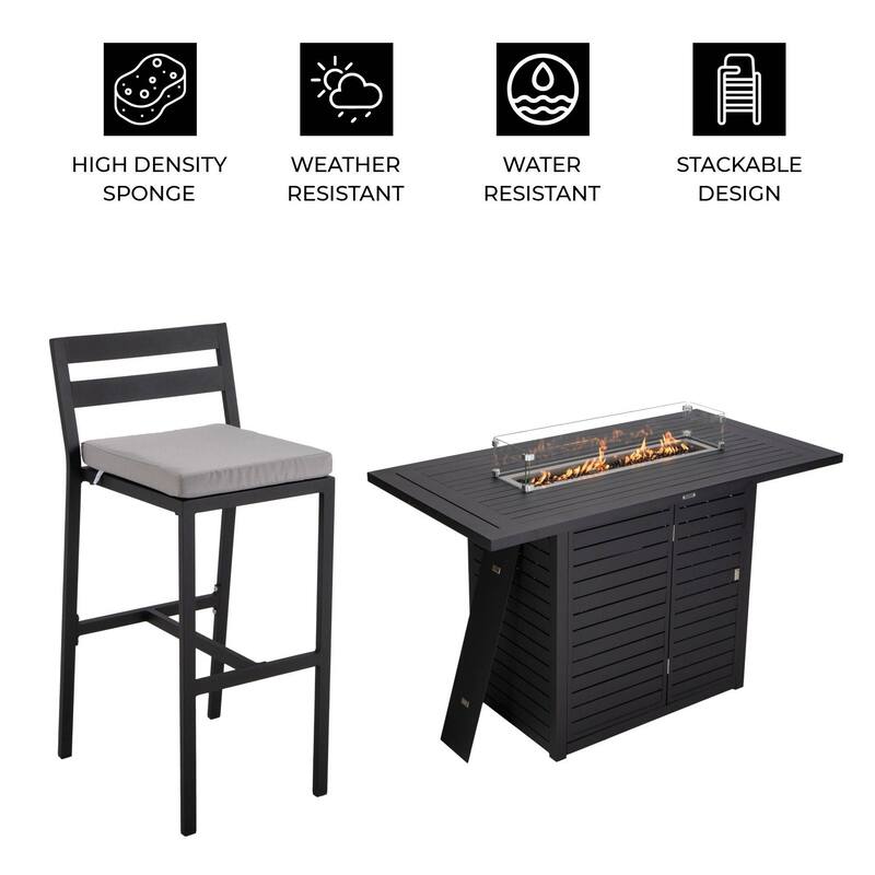7-Piece Outdoor Patio Bar Height Dining Set in Aluminum with Rectangular Fire Pit Table and 6 Barstool