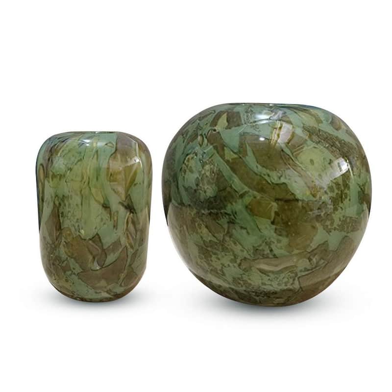 Set of Two Handblown Round Glass Vases in Green