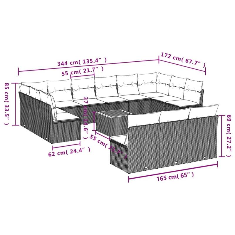 vidaXL Patio Sofa Set with Cushions Outdoor Furniture 14 Piece Poly Rattan - 24.4x 24.4x 27.2