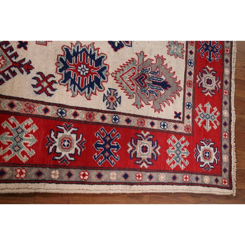 Geometric Kazak Area Rug Hand-Knotted Bedroom Beige Wool Carpet - 5'2" x 6'7"