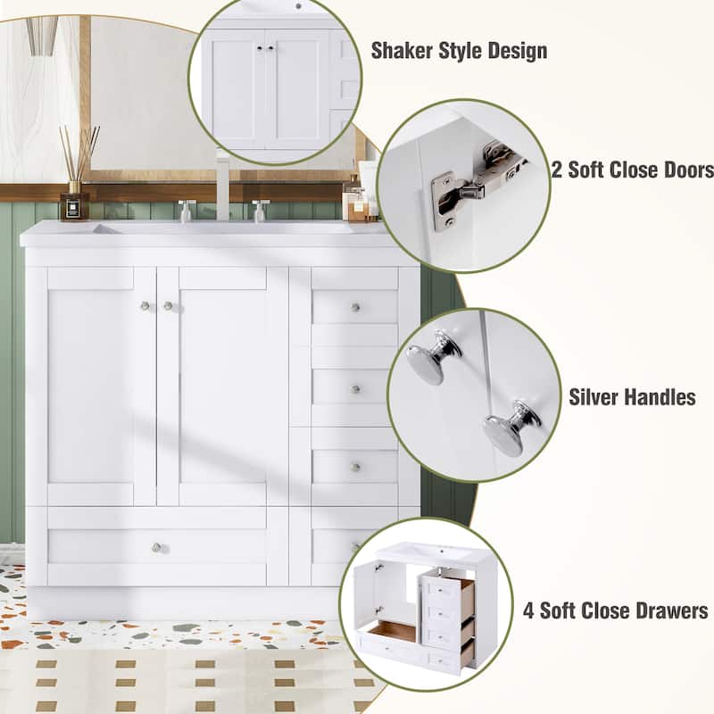 36 inch Shaker Style Free-Standing Bathroom Vanity Cabinet with Sink, 4 Soft-close Drawers and 2 Soft-close doors