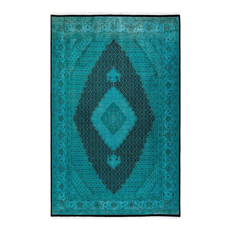 Overton Hand Knotted Wool Vintage Inspired Modern Contemporary Overdyed Blue Area Rug - 6' 6" x 10' 1"