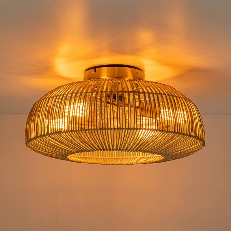 20 in. 7-Blade Boho Farmhouse Woven Rattan Cage 4-Light Semi-Flush Mount Ceiling Fan with Remote - 19.6 in. W x 9.8 in. H