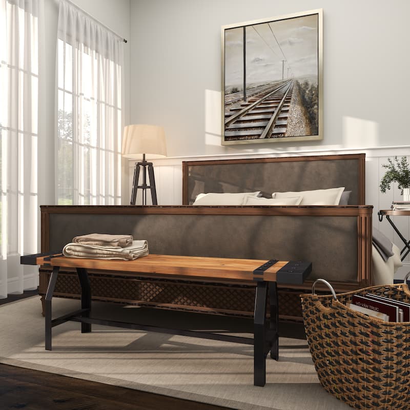 Brown Wood Bench with Black Metal Base and Studs - 55 x 13 x 18