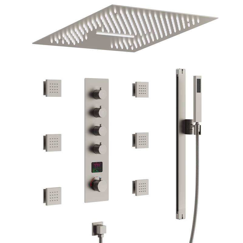 Digital Thermostatic Shower Set with Remote-Control LED Lights, Rainfall/Waterfall Combo and Massaging Jets - Brushed Nickel