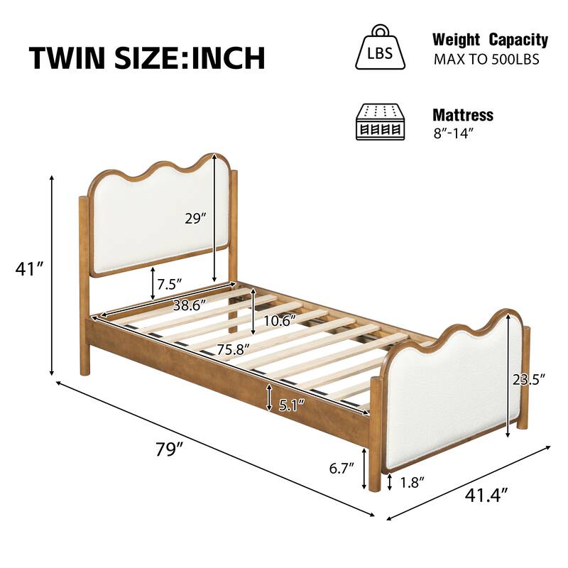Christopher Knight Home - Modern Upholstered Boucle Bed Frame with Wooden Legs with Wavy Curved Headboard