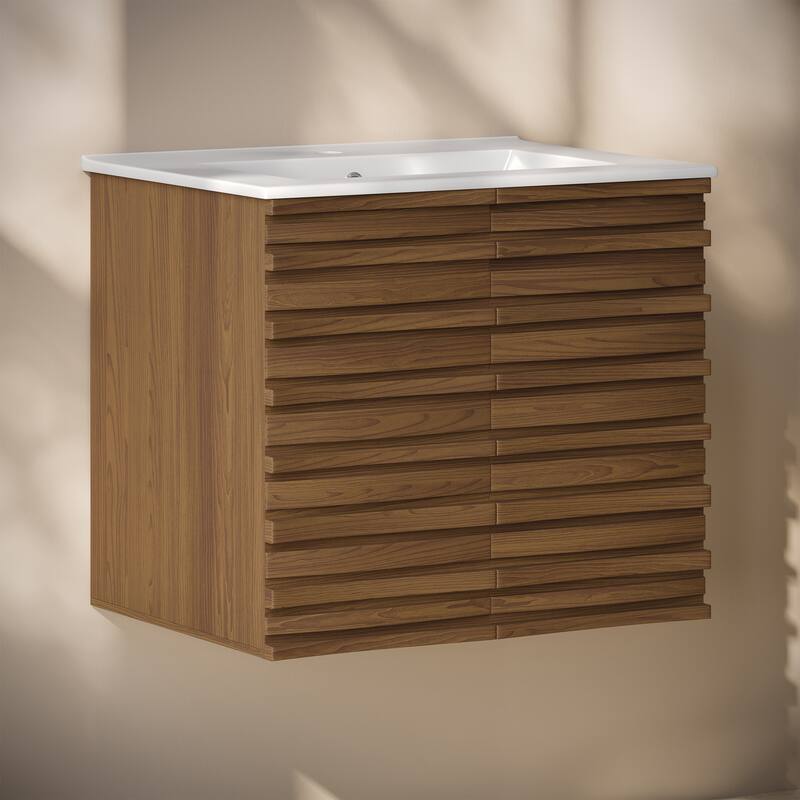 Cascade 24" Wall-Mounted Bathroom Vanity In Brown Oak With Sink Top - 24