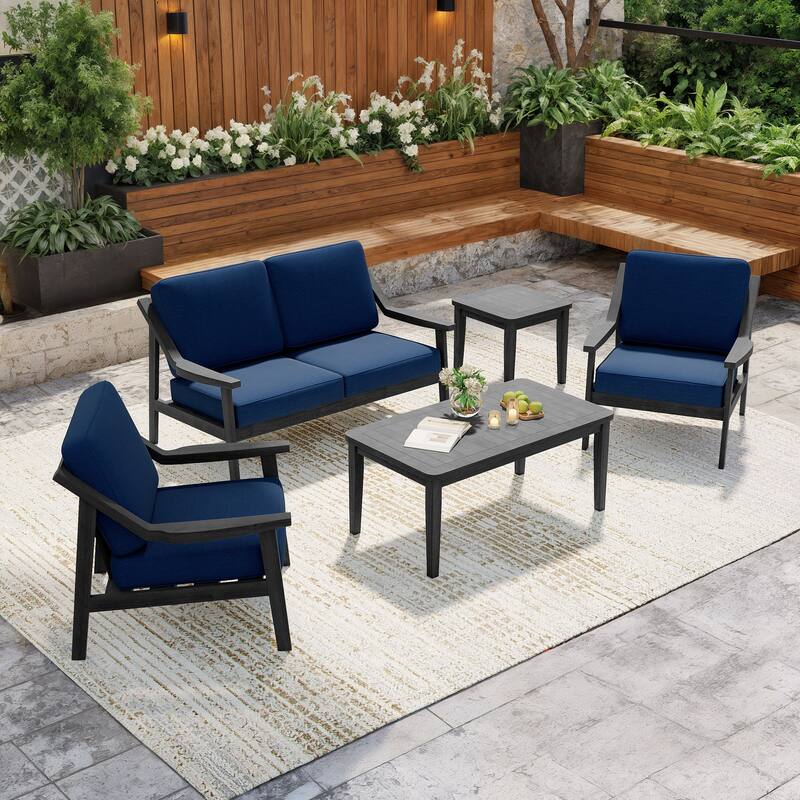 5-Piece Outdoor Sectional Wood Conversation Set with Table - Navy - Black Wood