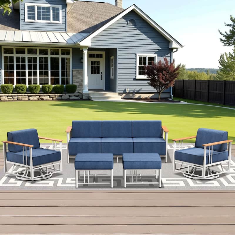 Outdoor 5PCS Sofa Swivel Chair with Ottoman - White & BLue Cushion - 5PCS Sofa Swivel Chair with Ottoman