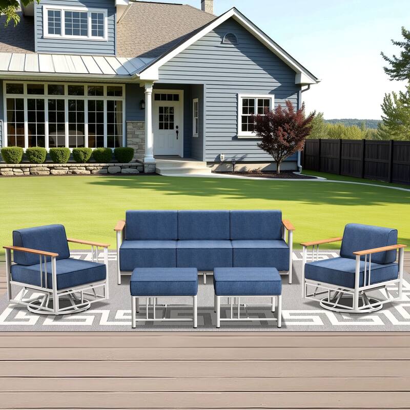 Outdoor Patio Funiture Set with Extra-Thick Seat cushion - White & BLue Cushion - 5PCS Sofa Swivel Chair with Ottoman