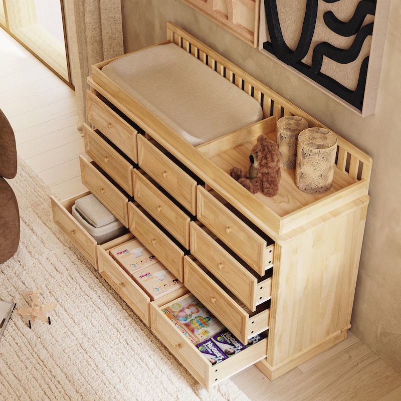 Extra Wide Solid Pine Wood 12-Drawer Changing Table Dresser – 59.9" Real Wood Nursery Dresser with Removable Topper