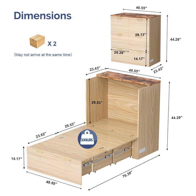 Twin Murphy Wood Bed with Charging Station,Sorage Drawers,for Small Spaces,in Beige