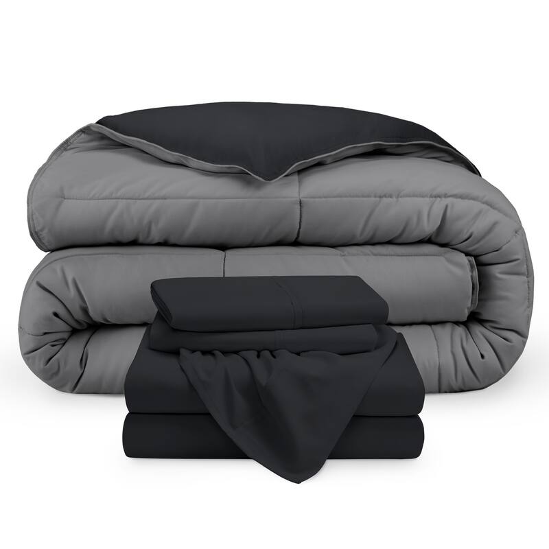 Bare Home Down Alternative Reversible Bed-in-a-Bag - Black/Grey, Sheets: Black - Queen