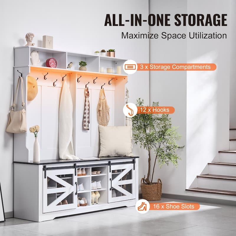 59 Inch Hall Tree Bench with LED Light Coat Rack and Shoe Storage - 59.28” x 16.44” x 67.8”