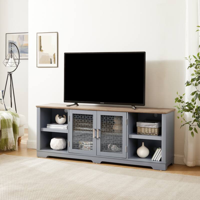 70" TV Stand with Open Shelves and Glass Door Cabinets for TVs Up to 80"
