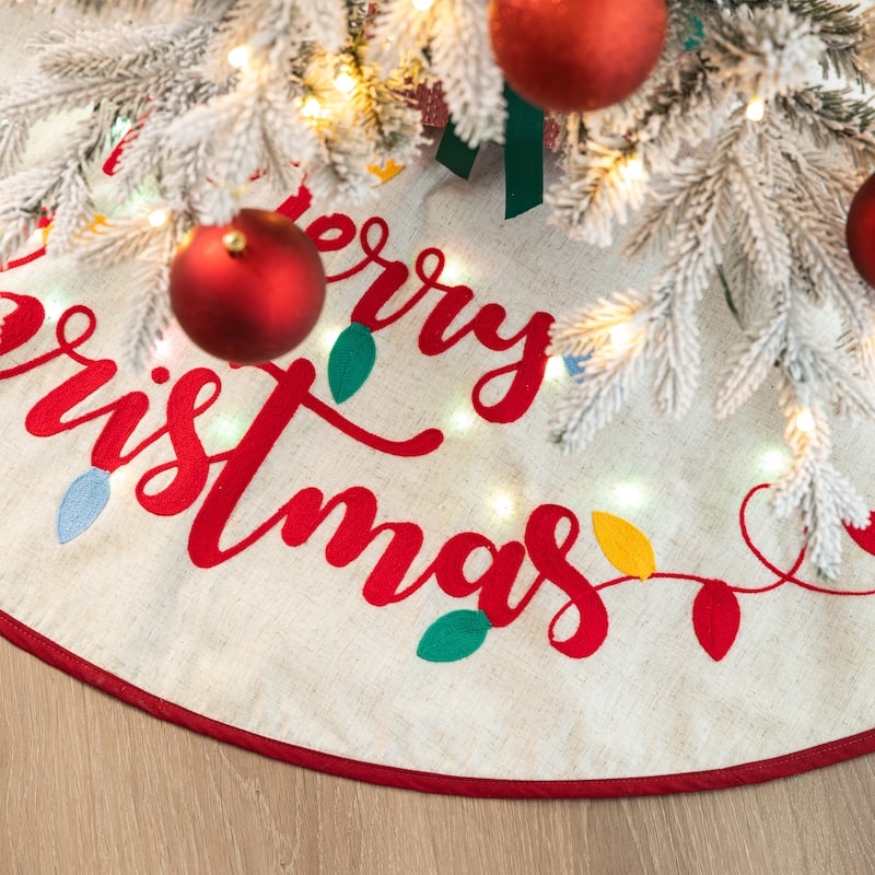 Glitzhome 48"D Pre-lit LED Embroidered Linen Merry Christmas Tree Skirt