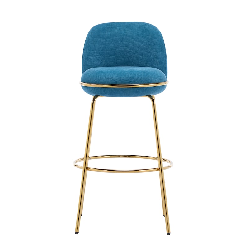 Rio Claro Indoor Metal Upholstered Barstool, Gold Finished Frame and Blue Upholstery, Set of 2