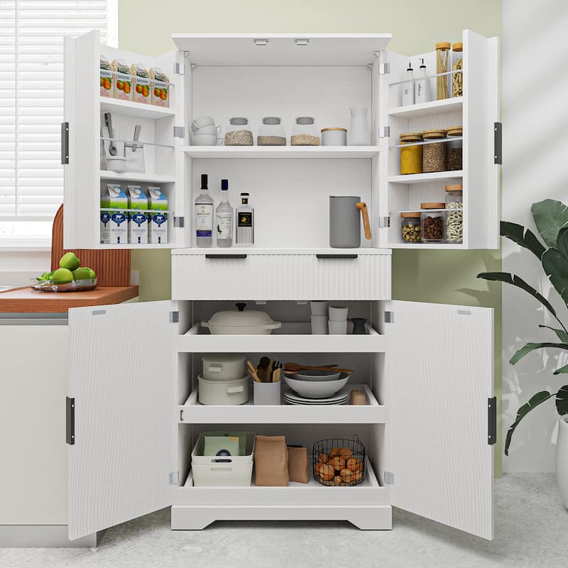 Kitchen Pantry Cabinet, Fluted Kitchen Cupboard with 3 Keyboard Drawers, Tall Storage Cabinet with Adjustable Shelves - White