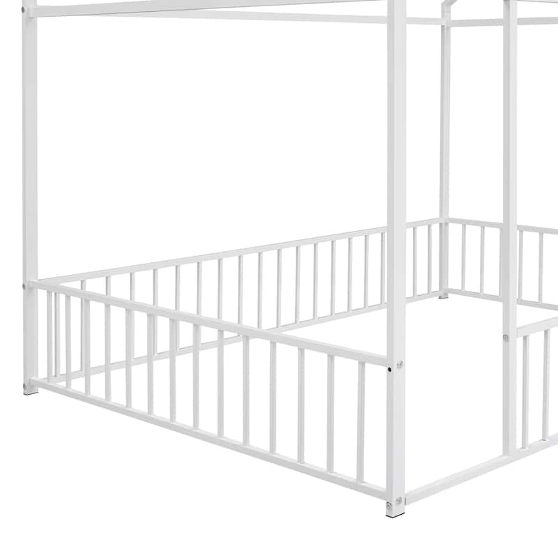Metal House Bed Frame with Fence and Roof for Kids, Teens, Girls, Boys