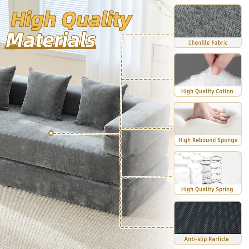 HOMEFUN Chenille Upholstered Convertible Foldable Memory Foam Sleeper Sofa with Pillows for Living Room