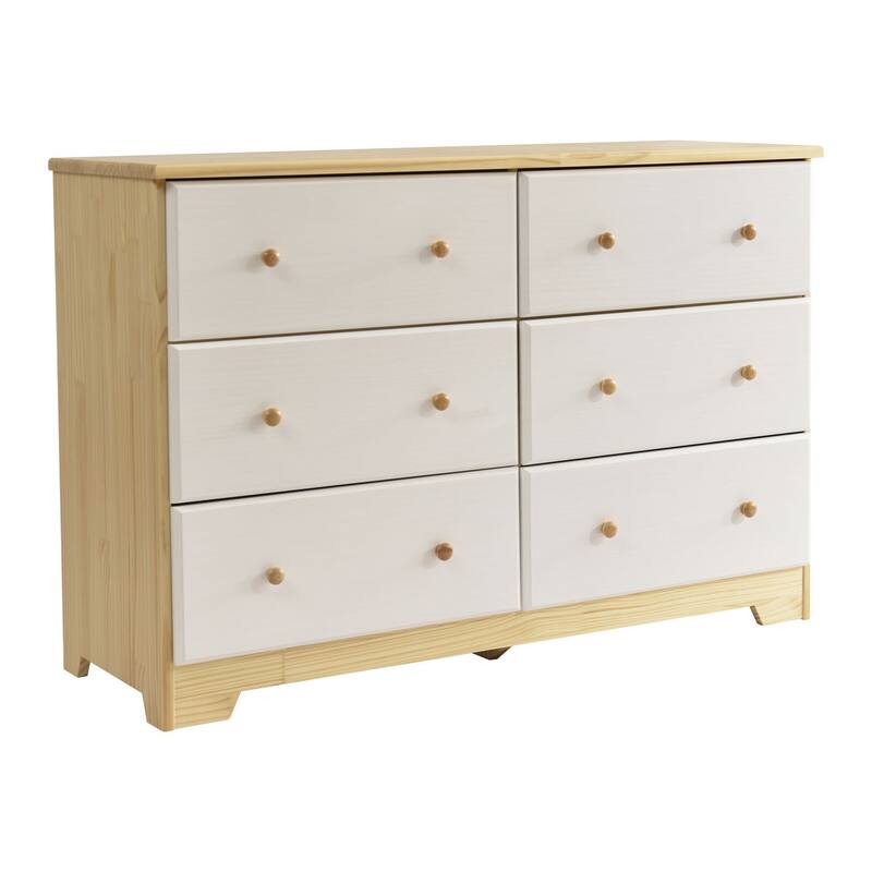 Solid Pine Wood 6-Drawer Double Dresser in Natural and White Finish with Smooth Glide Drawers and Modern Look