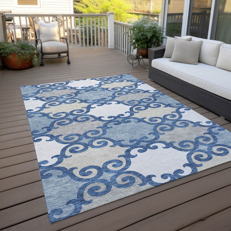 Machine Washable Indoor/ Outdoor Chantille Scroll Rug - Navy - 9' x 12'