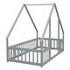 preview thumbnail 18 of 19, Full Wood House-Shaped Floor Bed With Fence, Guardrails,Grey - Grey